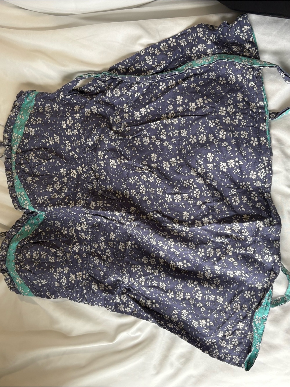American Eagle Outfitters Navy Floral Satin Tank with Teal Trim